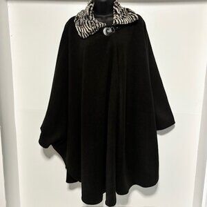 Le Moda Black Animal Print Coat Batwing Drape Buckle Front Dramatic Faux Fur Vtg